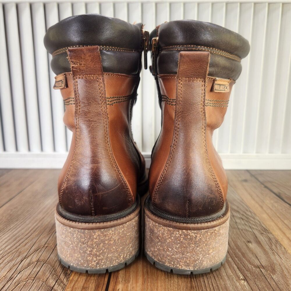 Pikolinos Aspe Ankle Boots Womens Sz 9.5 Brown Leather Lace Up Hikers Side Zip - Picture 4 of 11